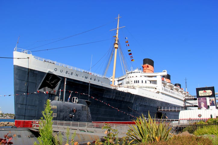 Long Beach, California, United States of America - July 21, 2014: Royal Mail Ship (RMS) Queen Mary, a retired ocean liner that sailed primarily in the North Atlantic Ocean for the Cunard-White Star Line, remains permanently moored at the port of Long Beach, California